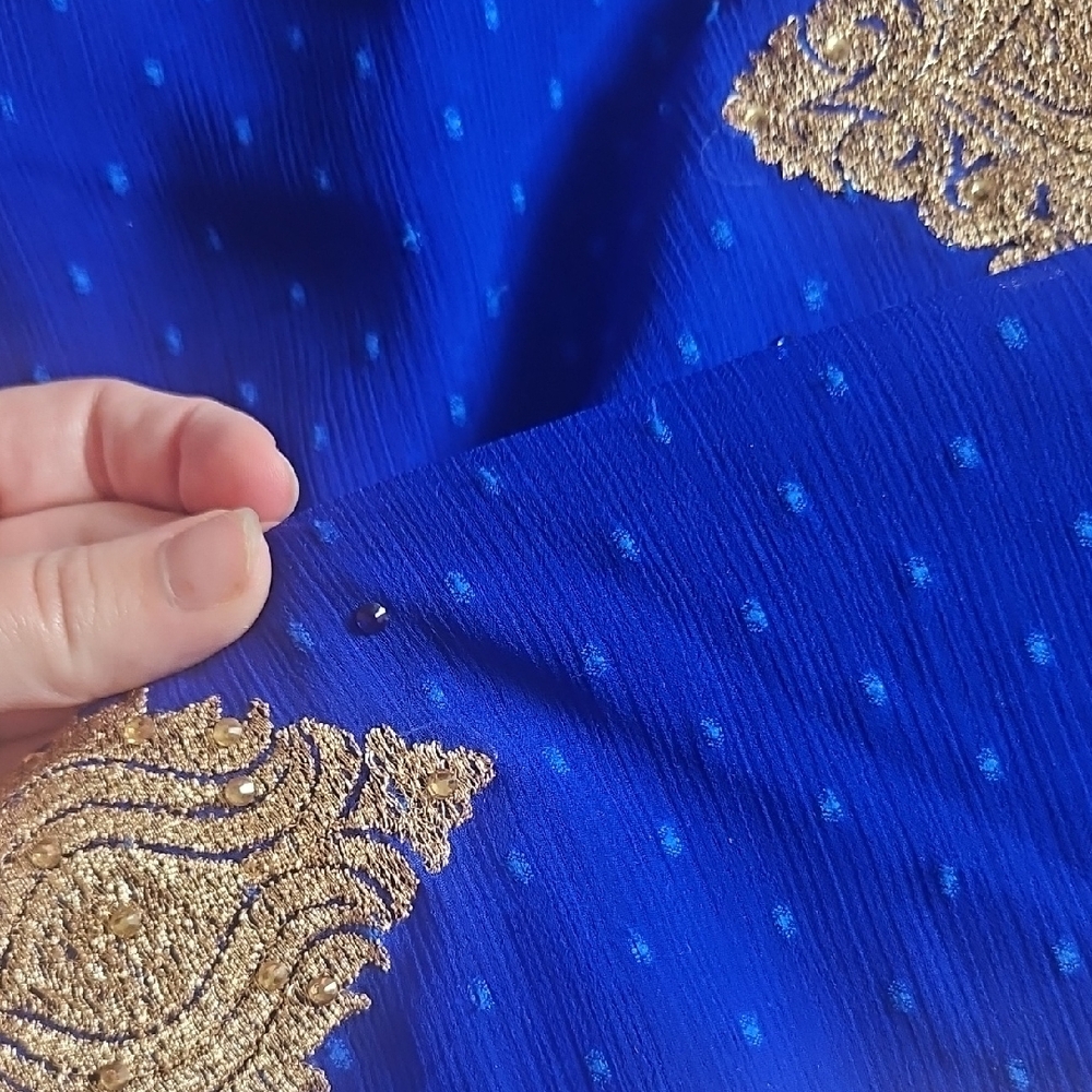 Red and Blue Traditional Saree with Gold Accents - Picture 2 of 4